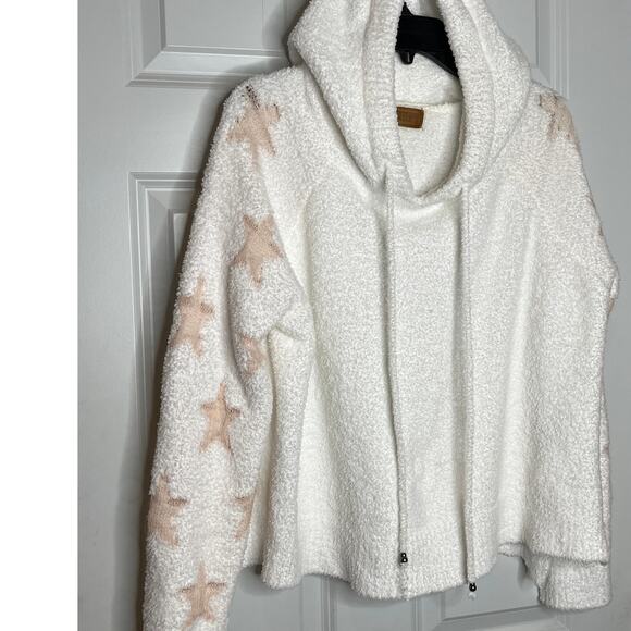 POL Sherpa Plush Pullover Hoodie White with Distressed Peach Stars on Arms Small - Picture 4 of 9